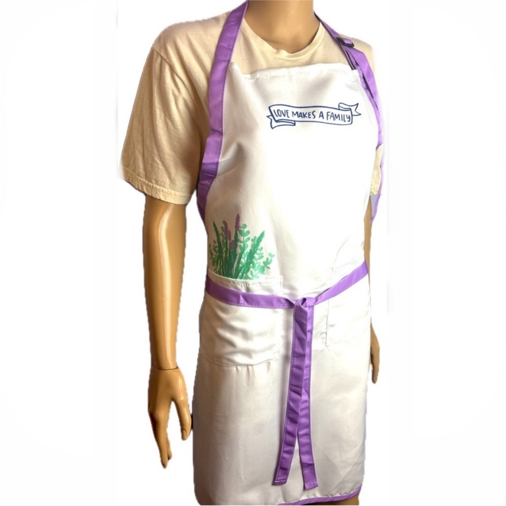 Love Makes A Family Anna Parade White Apron with Fauna & Purple Accents